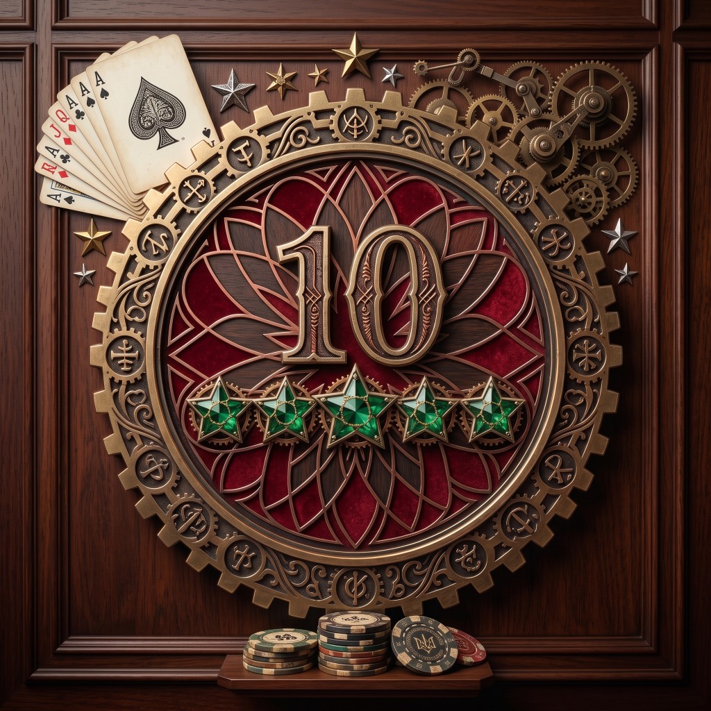 Ornate brass emblem with the number 10 and five green stars, with playing cards and casino chips against dark wood