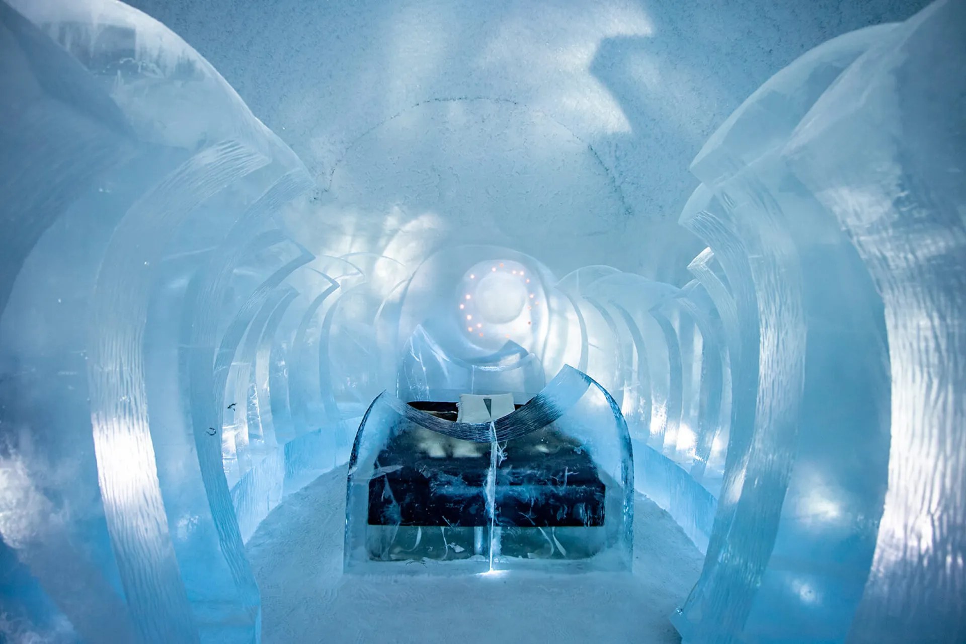 Ice-walled corridor inside the winter hall at Icehotel in Jukkasjarvi