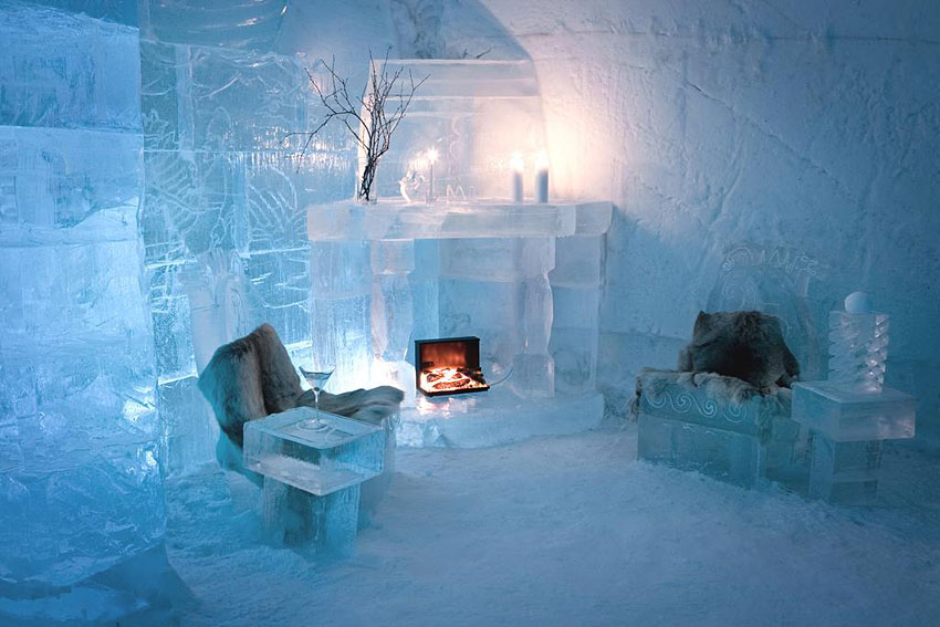 Carved ice interior at Sorrisniva Igloo Hotel beside the Alta river