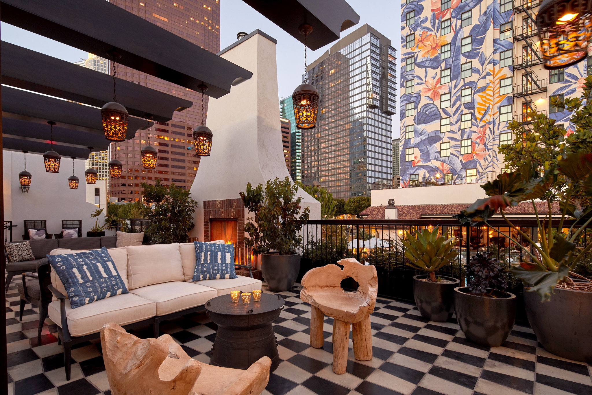 Timber lobby ceiling and courtyard pool at Hotel Figueroa in downtown Los Angeles